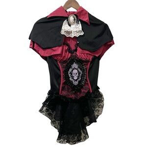 Gothic Black and Red Women’s Vampire Costume with Lace Details and Skull Motif